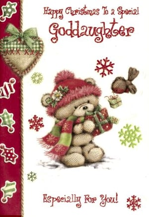 A Christmas card for a goddaughter with a teddy bear wearing a red hat and scarf.