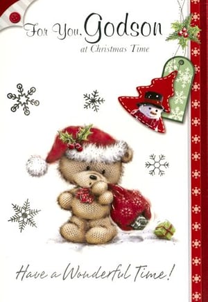 A Christmas card that says "For You, Godson, at Christmas Time."