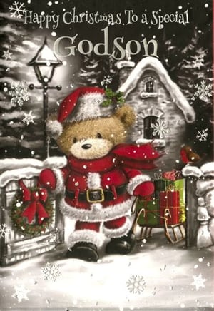 A teddy bear dressed as Santa Claus is on a Christmas card.