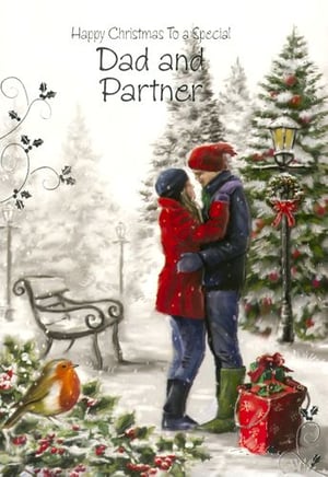 A Christmas card for a dad and partner with a painting of a man and woman hugging in front of a Christmas tree.