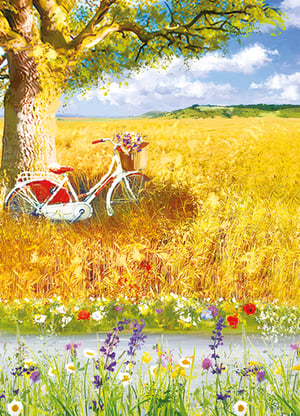 A painting of a bicycle in a field of wheat.