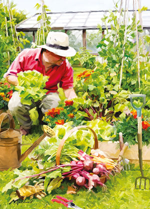 A painting of a man picking vegetables in a garden.