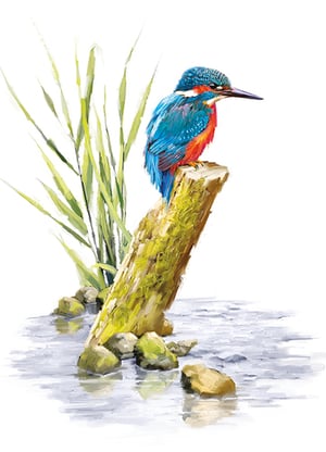A painting of a bird perched on a log in the water.