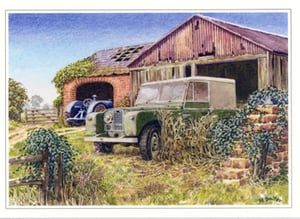 A painting of a green Land Rover parked in front of an old barn.