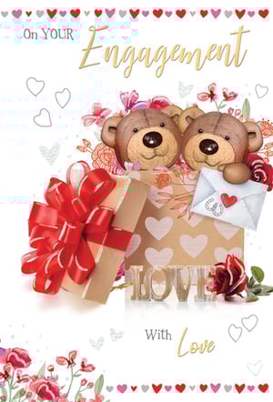 A card that says "Congratulations on your engagement - with love."