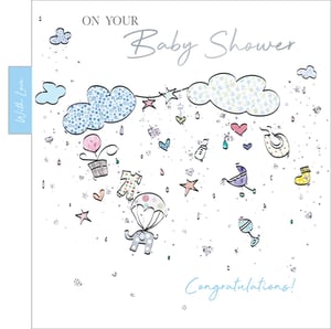 A baby shower card that says "Congratulations on your baby shower."