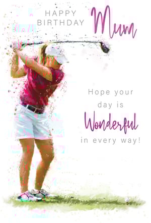 A birthday card with a picture of a woman swinging a golf club.