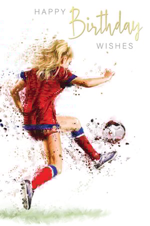 There are no grammatical errors in the sentence: "A birthday card with a woman kicking a soccer ball."