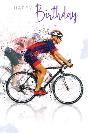 A birthday card with a woman riding a bike.