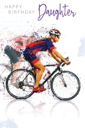 A birthday card for a daughter show a woman riding a bike.