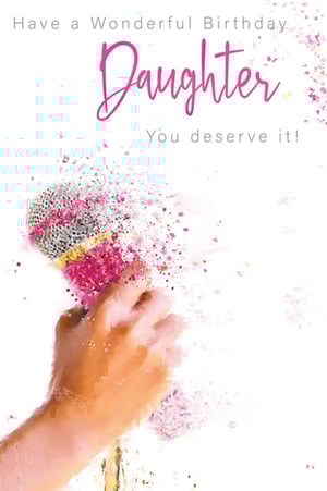 A birthday card for a daughter, with a hand holding a microphone.