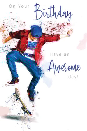 A birthday card with a picture of a person on a skateboard.