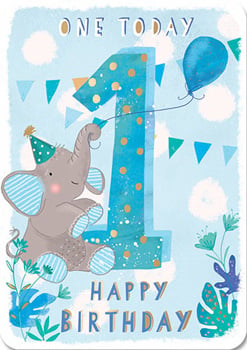 A one today happy birthday card with an elephant holding a balloon. 

Correction: A one today happy birthday card with an elephant holding a balloon.