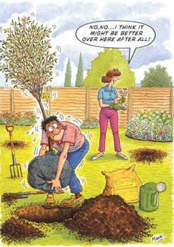 A cartoon of a man planting a tree in a garden.