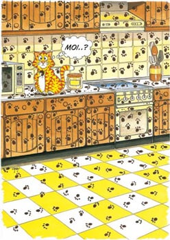 A cartoon of a cat in a kitchen with a speech bubble that says "moi".