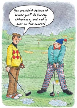 A cartoon of two men playing golf in the rain.