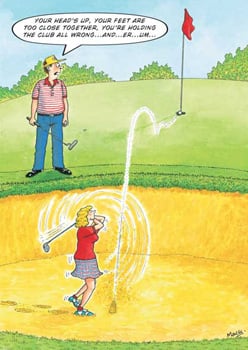 A man and a woman playing golf in a cartoon.