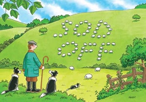 A cartoon of a shepherd standing in a field, with sheep forming the words "good day."