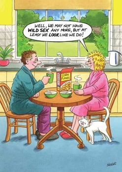 A cartoon depicts a man and a woman sitting at a table with a box of corn flakes.