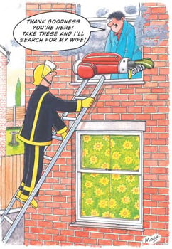 A cartoon of a fireman on a ladder talking to a man in a window. (No correction needed)