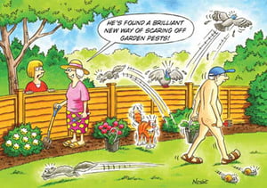 A cartoon of a man walking in a garden talking about garden pests.