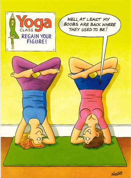 A cartoon of two women doing yoga with a sign that says "Yoga Class: Regain Your Figure."