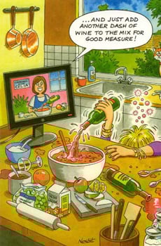 A cartoon of a woman pouring wine into a bowl.