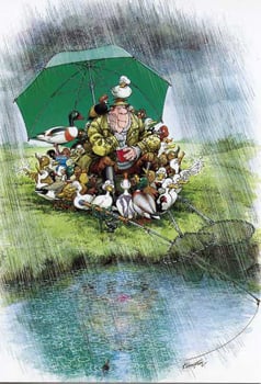 A cartoon shows a man fishing in the rain with ducks and a green umbrella.