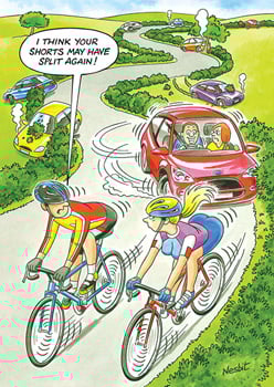 A cartoon of people riding bikes on a road, with a speech bubble that says, "I think your shorts may have split again."