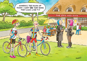 A cartoon of people standing outside the dog and duck.