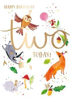 A happy birthday card with animals and balloons for a two-year-old.