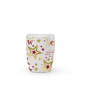 A white cup with gold stars and the word "new" on it.