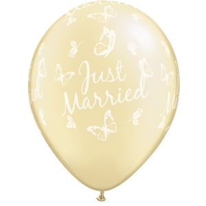 A balloon that says "Just Married" with butterflies on it.
