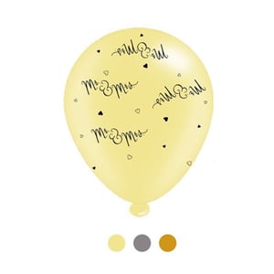 A yellow balloon with "Mr and Mrs" written on it.