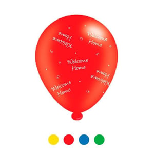 A red balloon with "Welcome home" written on it.