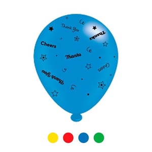 A blue balloon with "cheers" and "thanks" written on it.