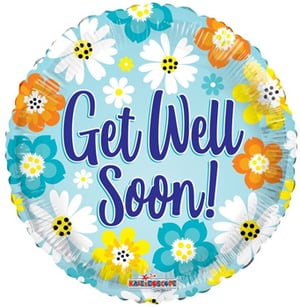 a get well soon balloon with flowers on it
