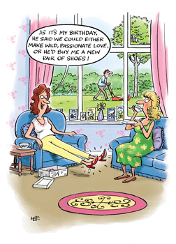 A cartoon shows a woman lying on a couch talking to another woman.