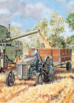 A painting of a man driving a tractor in a field.