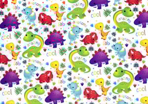 A seamless pattern of colorful dinosaurs with the words "awesome" and "cool."