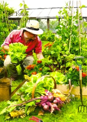 A painting of a man picking vegetables in a garden.