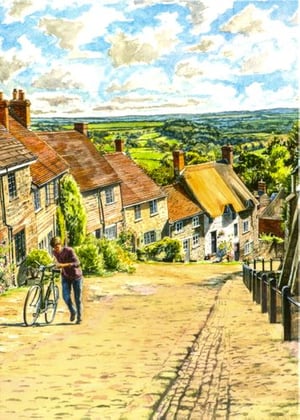 A painting of a man walking down a cobblestone street with a bicycle adjacent to him.