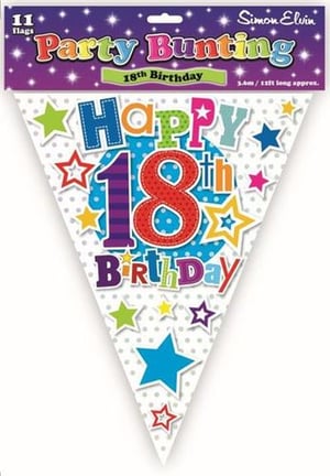 A happy 18th birthday party bunting with stars and the number 18 on it.