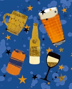 A bottle of beer, a can of beer, a glass of beer, and a mug are on a blue background with stars.