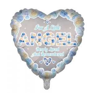 A heart-shaped balloon that says "for a little angel dearly loved and remembered".