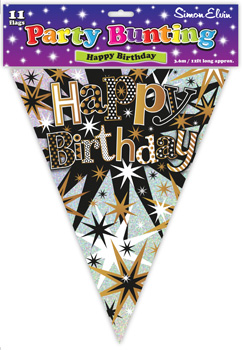 A party bunting that says happy birthday on it.

No grammatical errors.