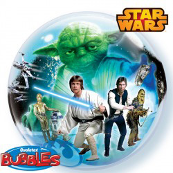 A Star Wars balloon with Yoda and Han Solo on it.