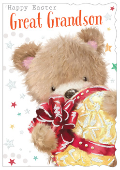 A teddy bear is holding an Easter egg and saying "Happy Easter, great-grandson."