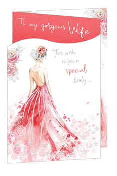 Delight your customers with this exquisite 'Wife' greeting card from Out of The Blue Studios Ltd. Perfect for celebrating that special lady, this card features a stunning watercolour-style illustration of an elegant figure in a flowing red gown, beautifully accented with delicate glitter and intricate floral details. The heartfelt message 'To my gorgeous Wife' is complemented by the tender sentiment 'This wish is for a special lady...'. Crafted with care, this card offers a sophisticated and romantic way to express love and appreciation. Supplied in a convenient pack of 6, it's an ideal addition to your greeting card selection, ensuring you always have a beautiful option for those cherished occasions.