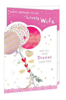 Help your customers celebrate their wonderful wives with this enchanting birthday card from Out of The Blue Studios Ltd. Adorned with charming balloons in pretty pinks and delicate patterns, alongside heartfelt 'May All Your Dreams Come True' wishes, it’s the perfect way to express love. The elegant design, featuring romantic hearts and a touch of golden sparkle, makes this card truly special. Stock up on this lovely 'Wife' card, available in a convenient pack of 6, and offer a truly memorable option for that special someone.